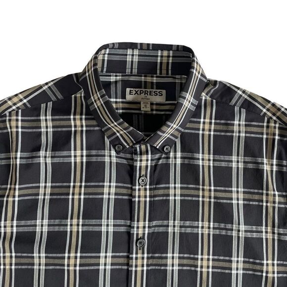 EXPRESS Fitted Black & White Plaid Nylon Button Down Dress Shirt Men’s Medium - Picture 3 of 6